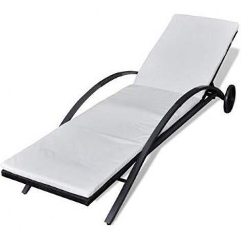 vidaXL Tumbona de Jardín con Respaldo y Cojín Crema Hamaca de Piscina Patio Sofá Asiento de Exterior Terraza de Poli Ratán Sintético Negro Tipo Mimbre