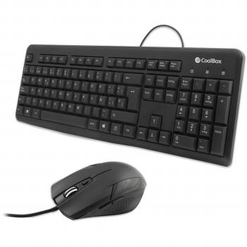CoolBox COO-KTR-01U Kit de Teclado y Ratón con Cable USB, QWERTY Español, Ratón Ambidiestro Ajustable 1600DPI, Negro, Resistente a Salpicaduras