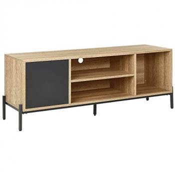 Mueble TV Bajo de Madera Clara y MDF Gris con 1 Puerta y 2 Estantes Abiertos - Modelo Moines