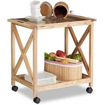 Carrito de Cocina de Madera de Nogal con Ruedas y Superficie de Vidrio, 2 Niveles, 63 x 66,5 x 38 cm