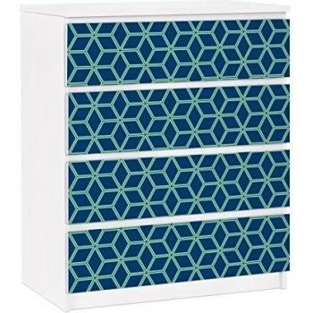Vinilo adhesivo para muebles IKEA - Malm Dresser 4xDrawers - Cube pattern blue, Tamaño:4 veces 20cm x 80cm