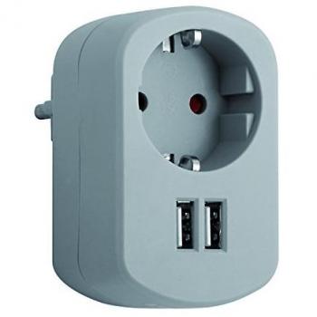 SIMONBRICO Cl118123, Adaptador elec 16amp 1 toma+2 usb 2.1a 250v gr/cen simon b, Gris Ceniza