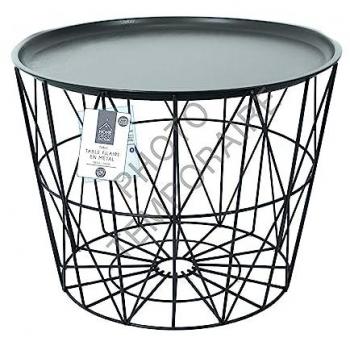 Mesa Auxiliar Redonda de Metal Gris Oscuro con Rejilla - 52,5 cm de Diámetro y 40 cm de Alto