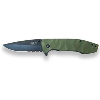 Navaja Deportiva JKR con Mango en Relieve G10 Verde, Hoja Pavonada de Acero Inox de 8 cm con Sierra, Modelo JKR0494
