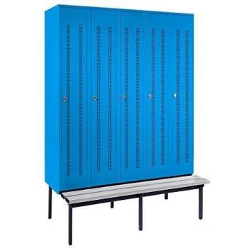 Taquilla Garderobenspind Berlin 1 con Banco Inferior Integrado, 5 Compartimentos, Color Azul Claro, Dimensiones 1500 mm, Material Plástico