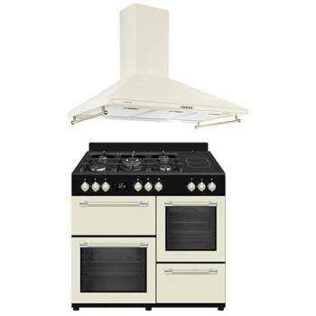 Conjunto Cocina Mixta Gas y Vitro Solthermic 5 Fuegos + 3 Hornos Eléctricos + Campana Extractora de 90 cm Crema
