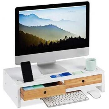 Soporte para Monitor y Portátil de Bambú con 2 Cajones, Marrón y Blanco, 14 x 60 x 30 cm