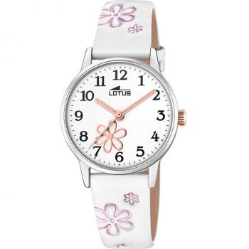 Reloj Lotus Junior 18863/1 para Niña, Caja de Acero Inoxidable 316L, Correa de Piel Blanca Estampada con Flor, Esfera Blanca