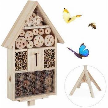 Hotel de Insectos con Peana para Jardín, Madera Natural, 140 x 47 x 47 cm