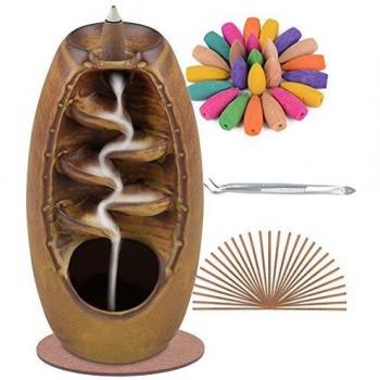 SPACEKEEPER Soporte para Quemador de Incienso de reflujo, Adorno de cerámica para aromaterapia, decoración del hogar con 120 Conos de Incienso de reflujo + 20 varitas de Incienso, Marrón