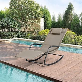 Tumbona Mecedora Caracena con Cojín para Cabeza Beige 147 x 63 x 89 cm, Balancín para Jardín y Terraza, Soporta hasta 120 kg