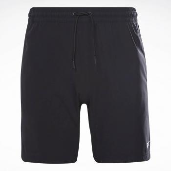 Short Reebok Workout Hombre Negro, tejido ligero, secado rápido, cintura elástica con cordón ajustable, bolsillos laterales, diseño deportivo y cómodo para entrenamiento