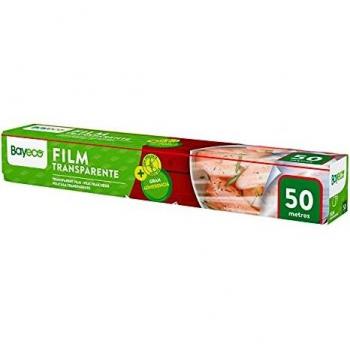 Bayeco - Film Transparente - Gran adherencia para fijarse a todo tipo de recipientes - Estuche con sierra de corte - Apto para contacto con alimentos - Color transparente - Rollo de 50 metros
