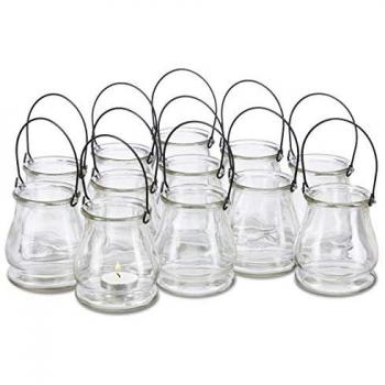 Set de 48 Portavelas Decorativos con Asa para Interior y Exterior, Cristal Transparente, 10 cm de Alto