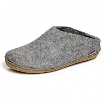 Glerups Adult Open Heel Wool Slippers in Grey - Size 47 M, Leather/Wool