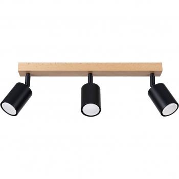Plafón de techo moderno Verdo 3 luces negro con barra de madera y portalámparas GU10, dimensiones: largo 19,5 cm