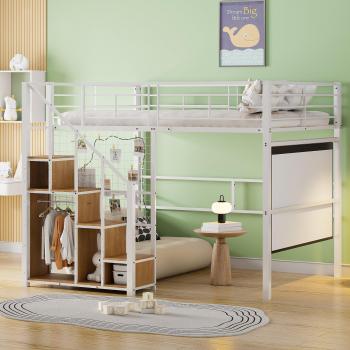 Cama entrepiso 140 x 200 cm con armario y escalera de seguridad - metal y madera - blanca