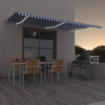 Toldo manual retráctil con LED 600x350 cm azul y blanco