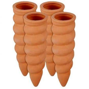 Conos de Riego Automático para Plantas, Set de 4, Botellas de 1.5L, Cerámica Terracota, Dimensiones 16.5 x 5 cm