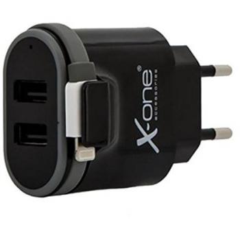 X-One Cargador Pared 2 x Usb 2.1 + 1X Lightning, Negro