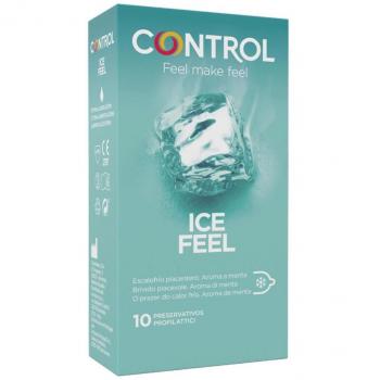 Control Ice Feel Preservativos Efecto Frío con Aroma a Menta, 10 Unidades, Ancho Nominal 54 mm, Paredes Finas, Forma Anatómica, Color Verde, Lubricados
