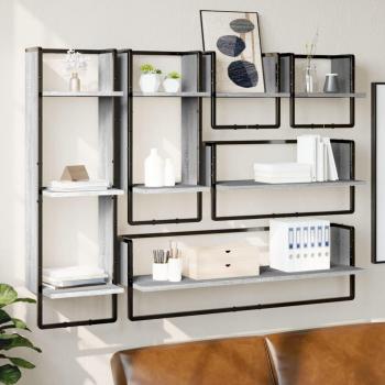 Estantes de pared con barras, 6 piezas, madera ingeniería gris Sonoma, multicapa
