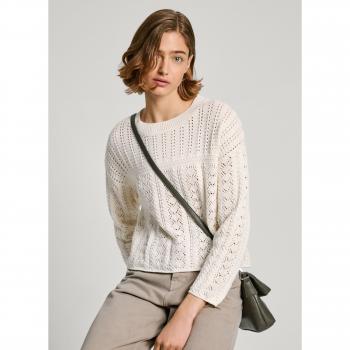 Pepe Jeans Isadora Women's Round-Neck Pullover Sweater in Kaki and White, Casual Cotton Knitwear