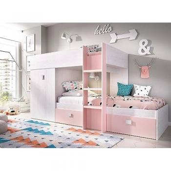 Cama infantil Cevedale, dormitorio completo con armario y cajones, litera con dos camas individuales, 271x111h150 cm, blanco y rosa