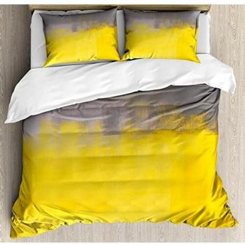 Juego de sábanas nórdicas de 3 piezas en gris y amarillo Juego de funda nórdica, impresión de pincel de estilo callejero Grunge Diseño de ilustración de Ombre, juego de fundas de edredón / Qulit de 3