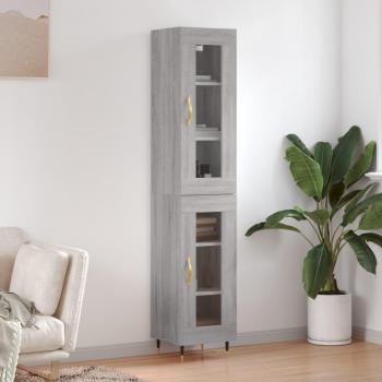 Aparador alto de madera contrachapada gris Sonoma 34,5x34x180 cm con 1 puerta de cristal, mueble de almacenaje para salón, buffet y armario auxiliar