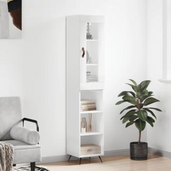 Aparador de madera contrachapada blanco brillo 34,5x34x180 cm con 3 estantes, mueble de almacenaje para salón, buffet y armario auxiliar