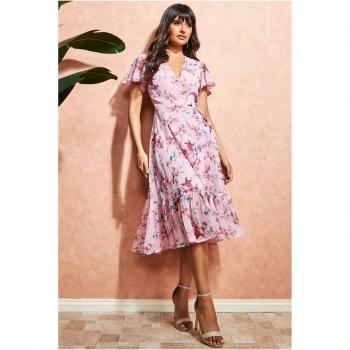 City Goddess Wrap Flutter Sleeve Floral Midi Dress - Peach