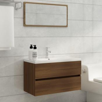 Mueble de baño integrado de madera de roble marrón multicapa con lavabo, acabado en marrón roble, fabricado en madera contrachapada
