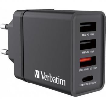 Cargador Verbatim 30W, 1x USB-C PD, 3x USB-A, GaN, Negro
