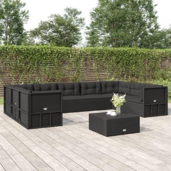 9 Piece Black Poly Rattan Outdoor Lounge Set with Cushions