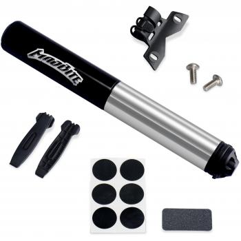 Madbite® Mini Bike Air Pump 120PSI Telescopic, Compact & Portable Bicycle Frame Pump - Easy-Read Gauge - BONUS 2 Tire Bars, 6-Piece Glueless Puncture Repair Kit, 1 Inflation Needle - Fits Presta and Schrader Air Valves, Lifetime Warranty