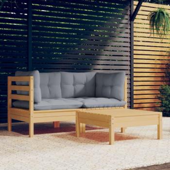 Juego de muebles de jardín 3 piezas de pino macizo gris con cojines