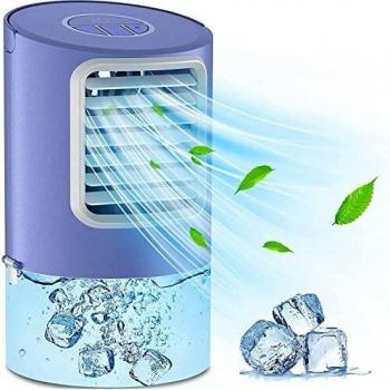 Aire Acondicionado Portátil, Enfriador de Aire Mini 4 en 1 Personal Climatizador Portátil Silencioso Ventilador, Humidificador 400ml 7 Colores de Luz Nocturna, 3 Velocidades, Temporizador 2/4H