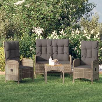 3-Piece Grey Poly Rattan Garden Dining Set with Cushions