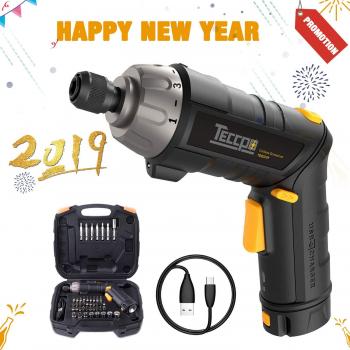Atornillador Eléctrico 6N.m, TECCPO Destornillador Eléctrico, 45 Accesorios, 9 Torsión Ajustable, 2 Luz LED, Inferior como Linterna, Carga Cable USB-TDSC01P