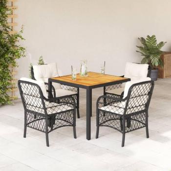 5-Piece Black Poly Rattan Garden Dining Set with Cushions