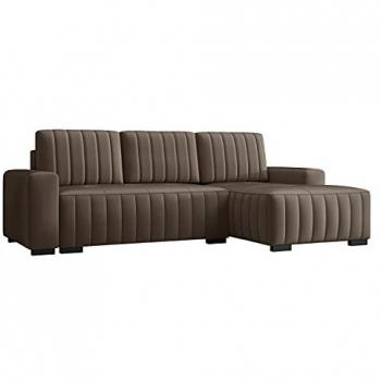 Sofá rinconero Columbus 154, marrón, con función de descanso y caja de ropa de cama, 240x140x85cm