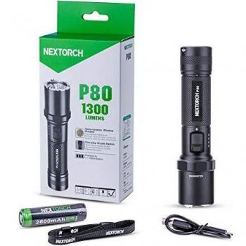 Nextorch P80 Compact Tactical LED Flashlight, 1300 Lumens, Rechargeable Lithium Ion, Black