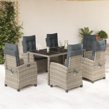 7-Piece Gray Poly Rattan Garden Dining Set with Cushions