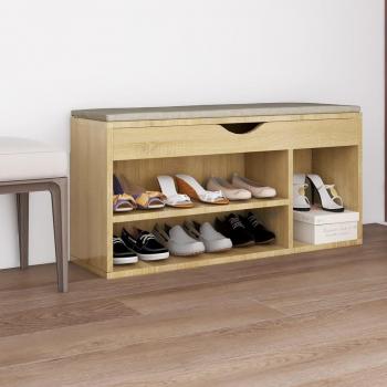 Banco zapatero con cojín de contrachapada y aglomerado, dimensiones 104x30x49 cm, color gris hormigón, blanco y blanco brillante; diseño en roble sonoma marrón
