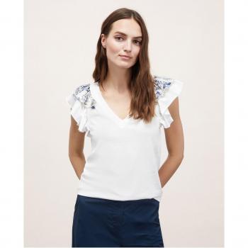 Camiseta de mujer con volantes y escote de pico