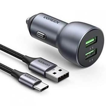 UGREEN Cargador Coche Quick Charge 3.0, 36W Cargador Coche Carga Rapida para Xiaomi Mi10 Redmi 9 Redmi Note 9, Galaxy S20, Cargador Coche USB Doble con 1 Metro Cable USB C para iPhone 12 X XS SE, iPad
