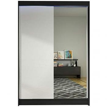 Armario corredizo con espejo Parys I, 2 puertas, color negro y blanco, dimensiones 200x120x58cm, incluye estantes y barra para colgar