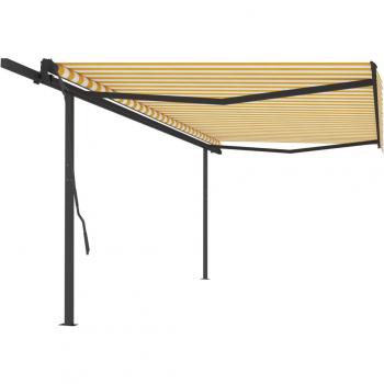 Toldo retráctil automático con postes 5x3,5 m Amarillo Blanco