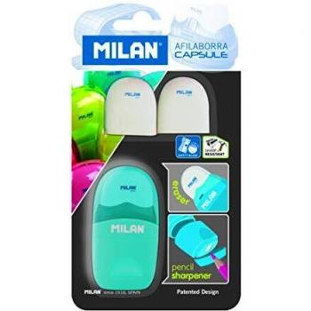 MILAN Capsule Sacapuntas y Afilaborra con 2 Gomas de Recambio, Blanco